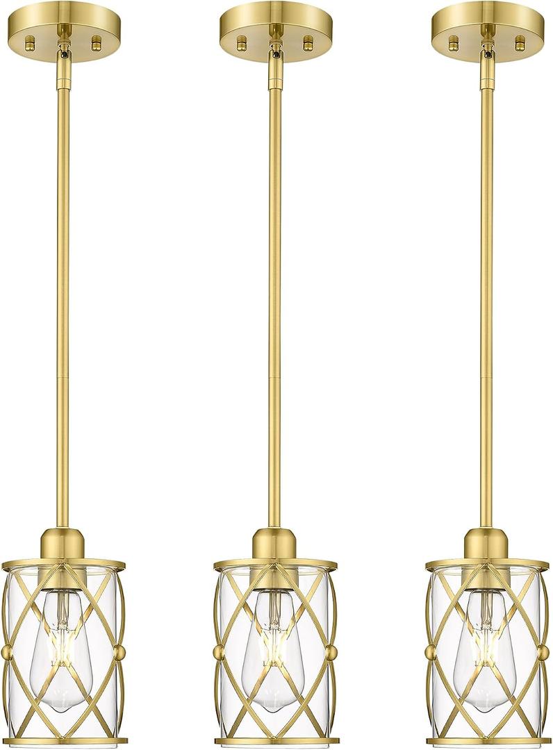 Brushed Gold Pendant Lights Kitchen Island 3 Pack, Glass Kitchen Pendant Lighting Over Island with Rod, Modern Mini Hanging Light for Kitchen Sink Dining Room, CH9176BG-3PK