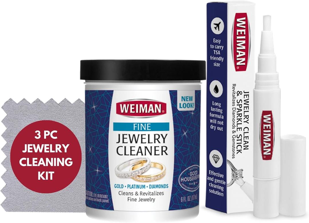 Weiman Fine Jewelry Cleaner Kit  3PC Set, Jewelry Cleaning Liquid, Clean & Sparkle Stick and Polishing Cloth  For Diamonds, Earrings, Gold, Bracelets