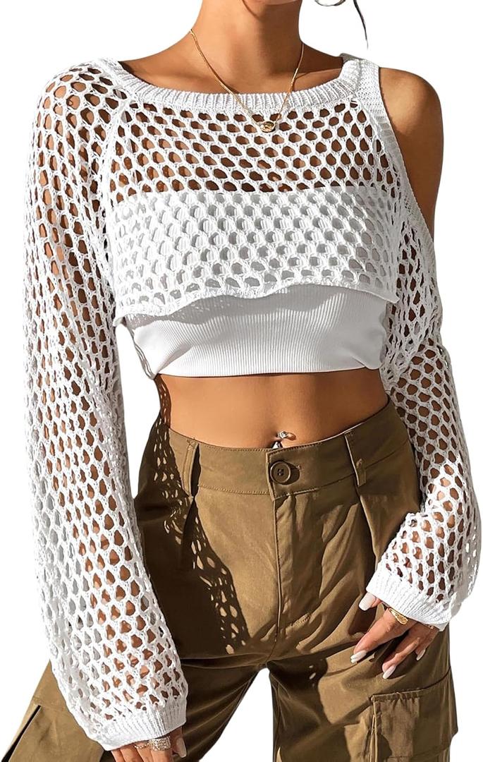 Womens Crochet Crop Tops Y2k Knit Shrug Sweater Hollow Out Long Sleeve Bikini See Through Cover Ups Medium