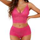 Lilosy Sexy Sheer Floral Lace Pajamas Lingerie Set High Waist Sleepwear Bra and Panty 2 Piece Nightwear (Mediu, Hot Pink)