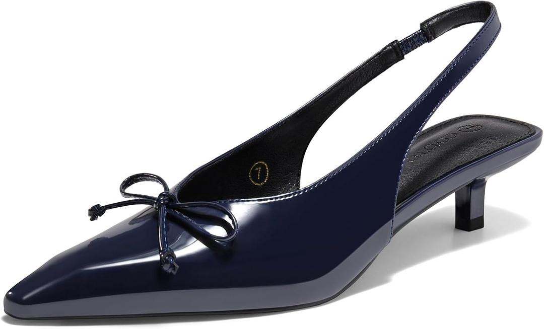 Coutgo Womens Slingback Kitten Low Heels Dress Shoes Closed Pointed Toe Bow Tie Slip on Office Work Pumps (8, Navy)