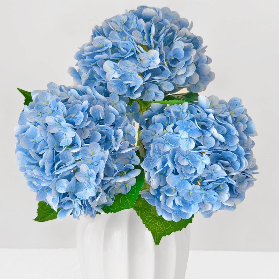 Fake Blue Hydrangea Artificial Flowers Bouquet 3pcs Real Touch Silk Fake Hydrangeas Heads with 176 Petals and Stems Blue Faux Hydrangeas Flowers for Table Centerpieces Party Floral Arrangements