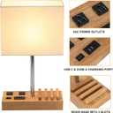 Dreamholder Desk Lamp with 3 USB Charging Ports, Table Lamp with 2AC Outlets and 3 Phone Stands, Nightstand Bedside Lamp with Natural Wooden Base and Cream Linen Shade