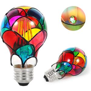 Dimmable Stained Glass LED Light Bulb, 3.5W E26 Base A19/A60 Festive Atmosphere Color Bulb, for Home Light, Party, Festive Decoration, 2 Pack