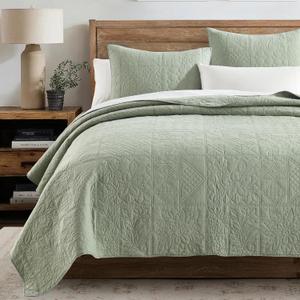 HORIMOTE HOME 100% Cotton Quilt Patchwork Queen Size, Sage Green Farmhouse Cotton Bedspread Coverlet, Pre-Washed Soft Breathable Lightweight All Season Bedding Set with 2 Pillowcases