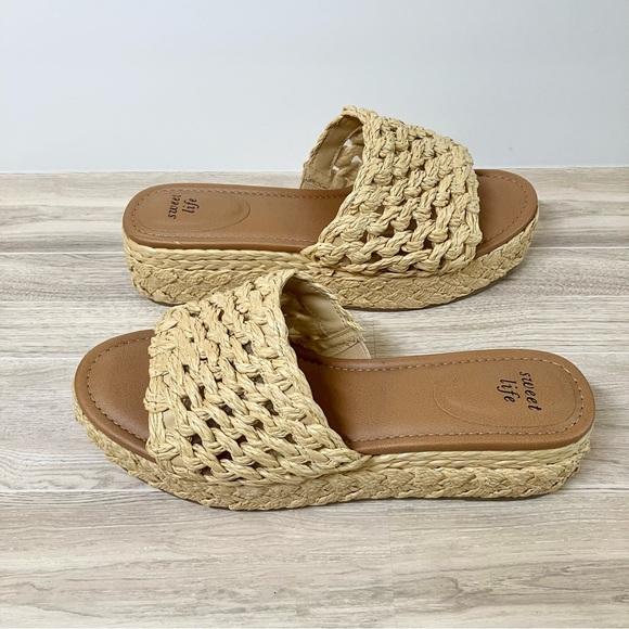 SWEET LIFE Raffia Platform Sandal Slides NEW Resort Vacation Preppy Beach, Beige, 9