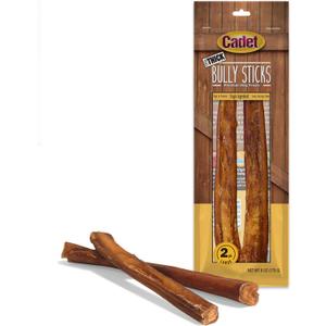 Cadet Bully Sticks for Large Dogs, All-Natural Beef Pizzle, Rawhide-Free Long-Lasting Dog Chews for Aggressive Chewers, Extra-Thick, 2 Count (EXP 03/27/27)