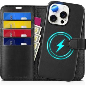 TUCCH Wallet Case for iPhone 16 Pro, Removable 2 in 1 RFID Blocking [4 Card Slots] [Wireless Charging] Kickstand PU Leather Magnetic Detachable Protective Cover Compatible with iPhone 16 Pro, Black