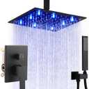 SKOWLL Shower Faucets Sets Complete Ceiling Mount 12 Inch LED Shower Head System with Handheld, Bathroom Rainfall Shower Fixtures Valve Kit, 3 Color Changing Showerhead, Matte Black