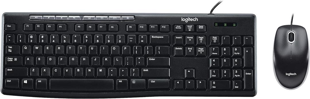 Logitech MK200 Media Combo Wired Keyboard and Mouse, Full-Size Keyboard with Easy-Access Media Controls, High-Definition Optical Mouse, Plug and Play USB Connection Black