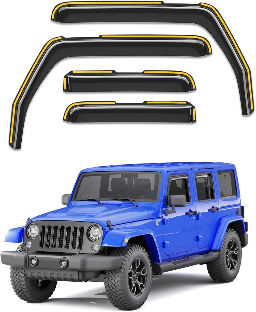 in-Channel Window Visors Rain Guards Fit for Jeep Wrangler JK 2007-2018, Window Rain Guards Vent Visors, Window Deflector Vent Shades for Jeep Wrangler JK 07-18, Car Accessories -4 pcs