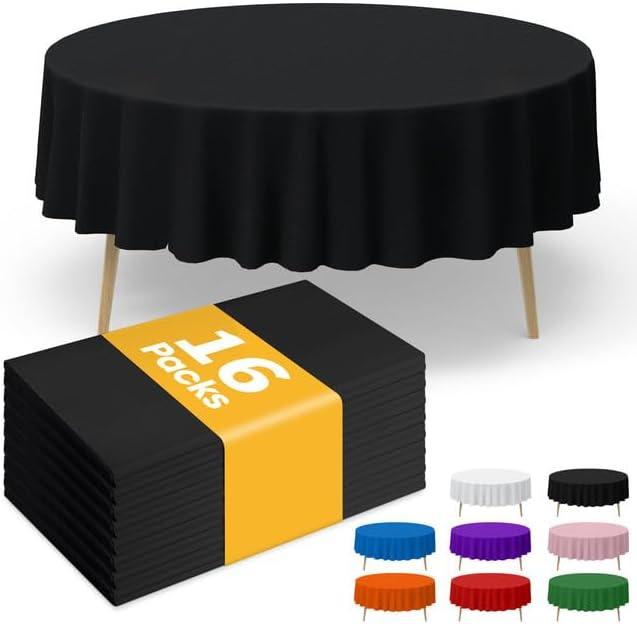 Black Plastic Table Cloth - 16 Pack 84" Round Disposable Tablecloths for Round Tables, Waterproof Table Cover for Holiday Parties & Gatherings