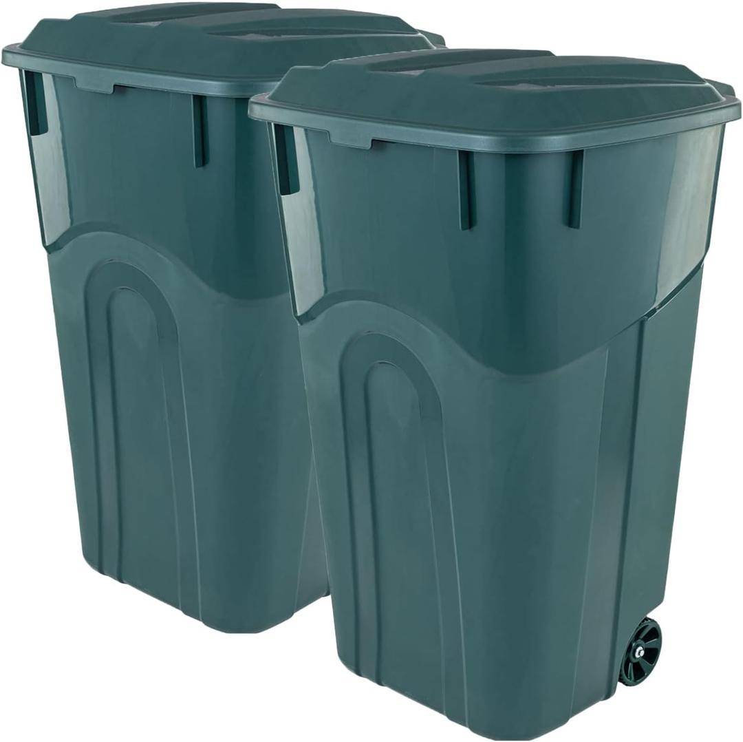 ECOSolution 32 Gallon Wheeled Outdoor Garbage Can with Attached Snap Lock Lid and Heavy-Duty Handles, ECO Green, Heavy-Duty Construction, Perfect Back Yard, Deck, or Garage Trash Can, Pack of 2
