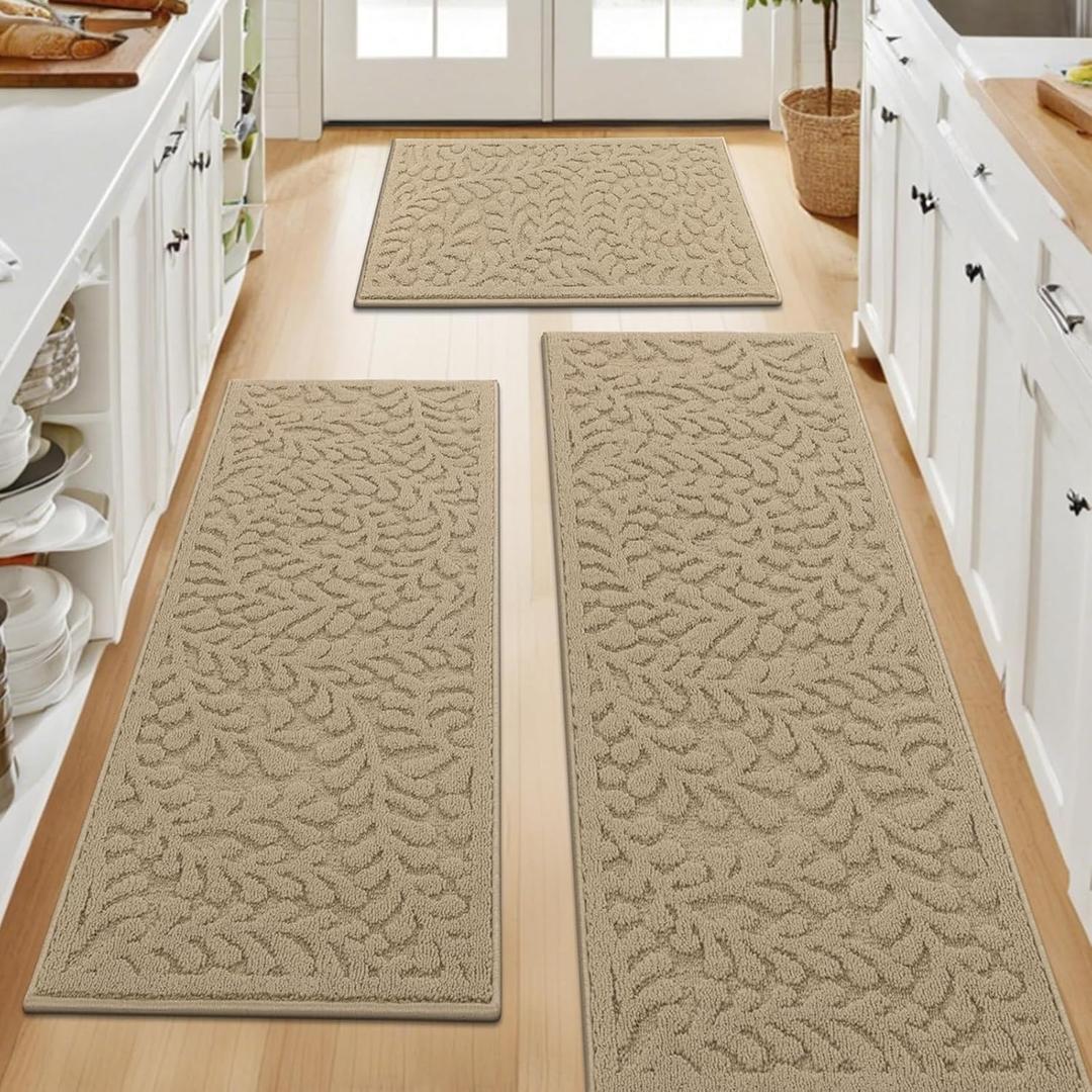 SHACOS Kitchen Rugs Sets of 3 Non Slip Washable Polypropylene Low Pile Absorbent Resist Dirt Kitchen Floor Mat 3 Piece for Entryway, Hallway, Front of Sink (17"x30"+17"x47"+17"x59", Leaves Beige)