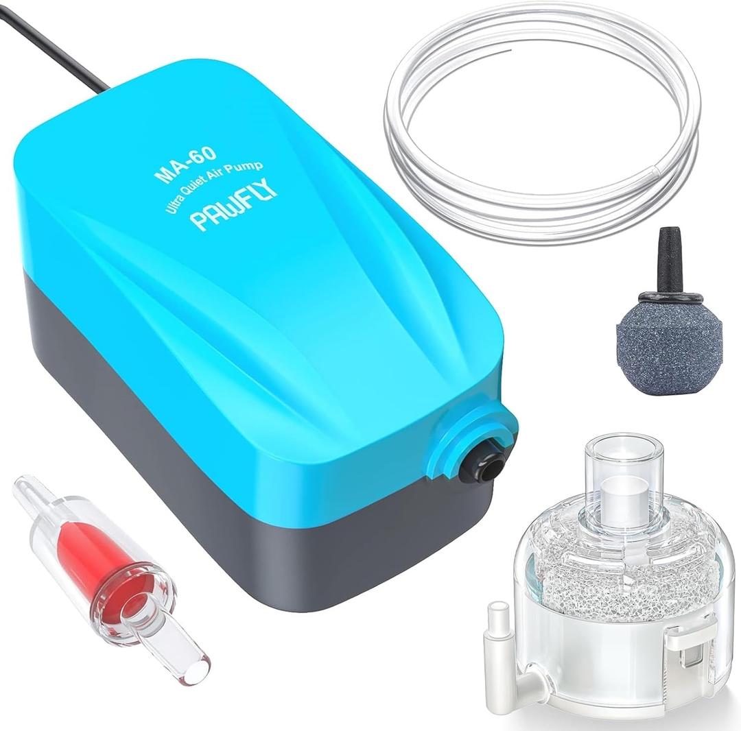 Pawfly Aquarium Compact Air Pump for 3-20 Gallon Buckets and Fish Tanks Quiet Oxygen Aerator Pump with Air Stone, Nano Bio Sponge Filter, Airline Tubing and Check Valve Accessories