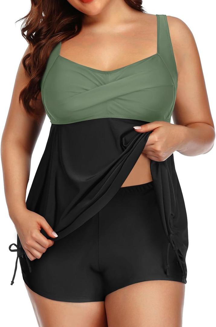 Aqua Eve Women Plus Size Tankini Swimsuit Two Piece Flowy Swimdress Bathing Suits with Shorts (Olive Green, Size 22W )