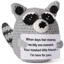 Emotional Support – Mini Crochet Raccoon Plush with Story Sign, Handmade 4-inch, Cozy Desk Decor, Gentle Encouragement, Woodland Companion, Year-Round Comfort