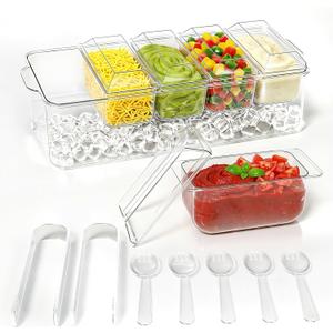 ARSTPEOE Condiment Tray, Chilled Condiment Server for Home, Party, Celebration, Bar Garnish Holder on Ice, Bar Accessories Fruit and Salad with Removable Trays and Lids (5 Spoons & 2 Tongs), 8 compartments