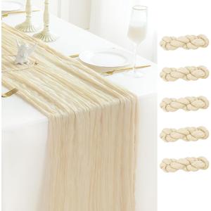 Sioloc 5 Pack Beige Cheesecloth Table Runner 120'' x 35'',Spring Easter Decor Soft Gauze Boho Wedding Table Decor for 10ft Table Birthday Party,Baby Shower, Bridal Shower, Home & Event Decor