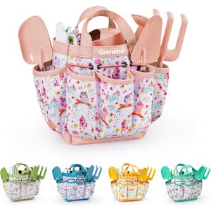 Grenebo Kids Gardening Set Toys, Quality Garden Tool Kit for Kids and Toddlers, Includes Two Shovels, Garden hat,Rake, Apron,Gloves, Watering Can, and Tool Bag (Pink)