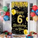 IVN 6th Birthday Door Cover 71x35 Inch Black Gold Birthday Banner for Party Decorations Balloons Stars Fireworks Backdrop Sign for Men Women Photo Booth Prop Wall Decor