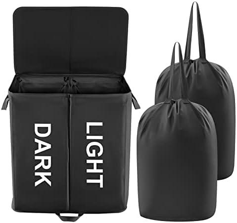 Lifewit 136L Double Laundry Hamper with Lid and Removable Laundry Bags, Large Divided Hamper, Collapsible 2 Section Laundry Basket with Handles for Bedroom, Bathroom, College Dorm, Laundry Room, Black