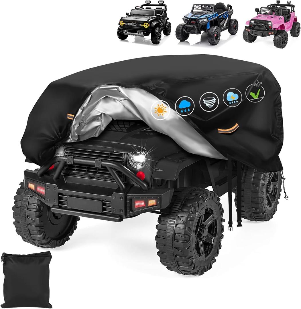 Large Kids Car CoverHeavy Duty 900D Power Wheels Cover Waterproof All WeatherKids Ride On Car Covers with Nano Coating,Windproof Buckle & 3 Reflective Strips,Universal Childrens' ride-on Accessories