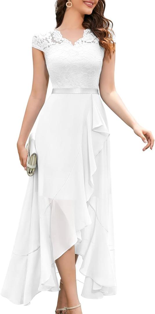 Bbonlinedress Women's V-Neck Dress for Women Wedding Guest Hi-Lo Floral Lace Prom Cocktail Party Formal Bridesmaid Dress (Medium)