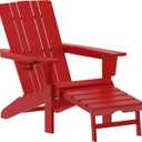 Flash Furniture Halifax Poly Resin Adirondack Chair with Cup Holder and Pull Out Ottoman, All-Weather Poly Resin Indoor/Outdoor Lounge Chair, Red (Set of 1)
