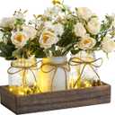 3 Pcs Mason Jar Centerpiece Table Decorations for Dining Table Decor Farmhouse Coffee Table Decor with Wood Tray and Led Light Table Centerpieces for Dining room Kitchen Living Bathroom,White