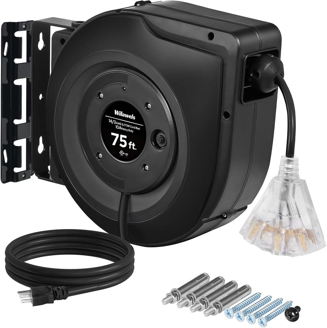 Retractable Cord Reel, 75 FT Heavy Duty Extension Cord, 14AWG/3C SJTOW, 3 Grounded Outlets Lighted Triple Tap, 10A Circuit Breaker, Wall/Ceiling Mounted, UL Listed, Black H75CR06
