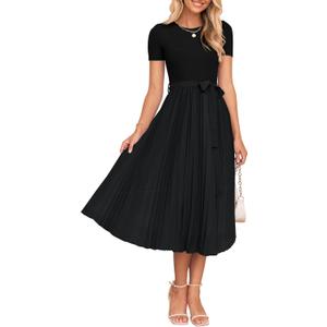 ZESICA Women's 2026 Summer Short Sleeve Midi Dresses Crewneck Knit Belted Pleated A Line Flowy Wedding Guest Long Dress, Black, Medium