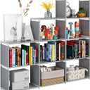 JIUYOTREE Portable Bookshelf, 9 Cube Closet Storage Organizer Bookcase,Clothes Storage for Living Room,Study Room,Bedroom, Grey