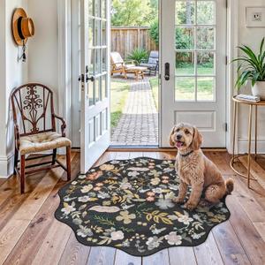 Washable 4ft Round Rug: Non-Slip Boho Floral Scalloped Circle Rug for Bathroom, Kitchen, Living Room, Bedroom Soft Thin Modern Small Circular Carpet (Black, 4ft)