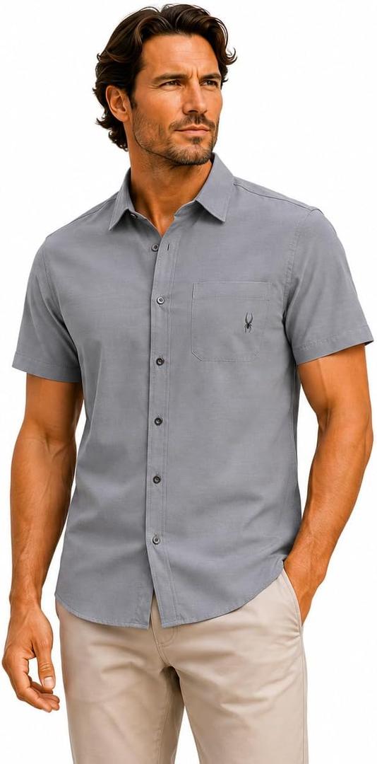 Spyder Mens Short Sleeve Button Down Shirts - Lightweight Stretch Casual Collared Dress Shirts for Men Travel Office Workwear S