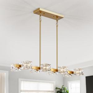 XINGQI 31.5" Gold Chandeliers for Dining Room Over Table Glass 8-Lights Kitchen Island Light Fixture Modern Farmhouse Sputnik Linear Chandeliers for Living Room Bedroom Rectangular