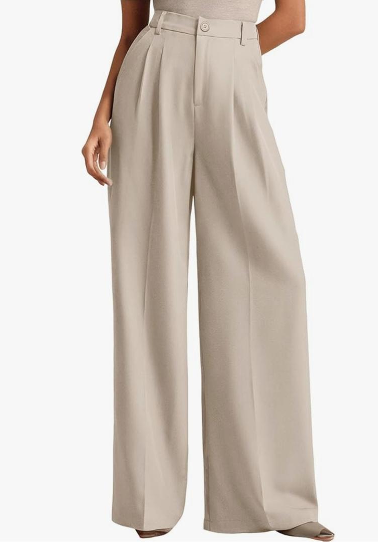 Women's Casual Wide Leg Dress-Pants, High Elastic Waisted in The Back Business Flowy Trousers with Pockets LG Tan L