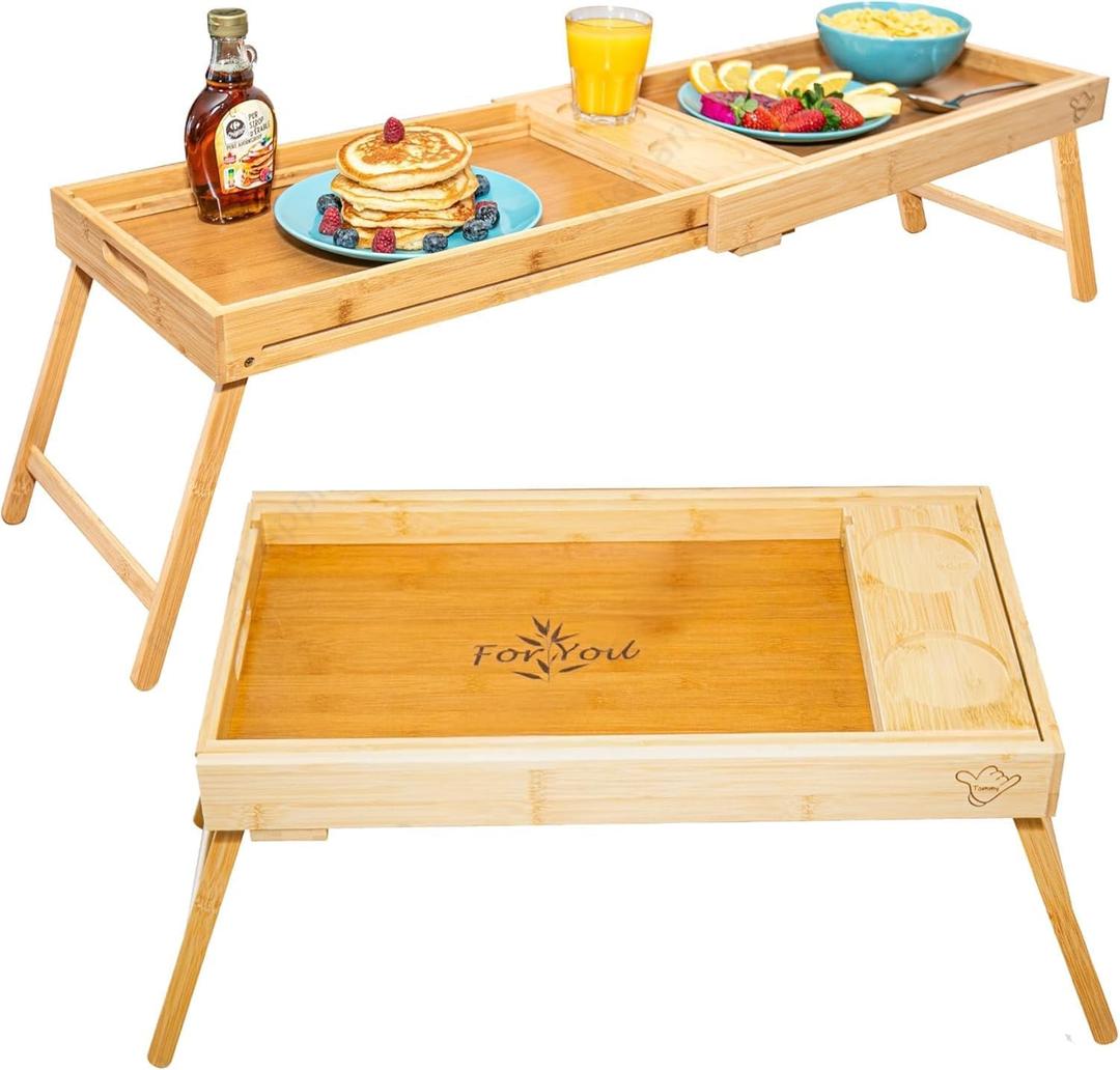 Breakfast Bed Tray for Two - Couple Bed Table Tray w/Cup Holder, Serving/Eating Food Trays - Space Saving Couch, Garden, Couple Food, Gift Ready Wooden Lap Trays with Legs, Bamboo