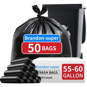 Brandon-super 55-60 Gallon Trash Bags, 50 count, Sturdy & Tear-Resistant Commercial Can Liners 55 Gallon, Large Garbage Bags, Large Black Trash Bags for Commercial, Lawn and Leaf Bags