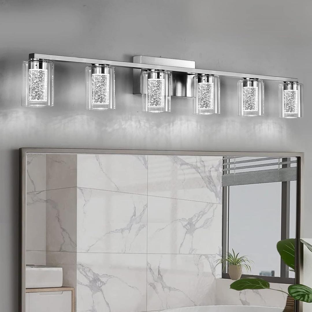 SADENICEL 6 Light Brushed Nickel Bathroom Light Fixtures, LED Vanity Lights Crystal White/Neutral/Warm Bathroom Lights Over Mirror for Bathroom, Bedroom,Living Room (6 Light)