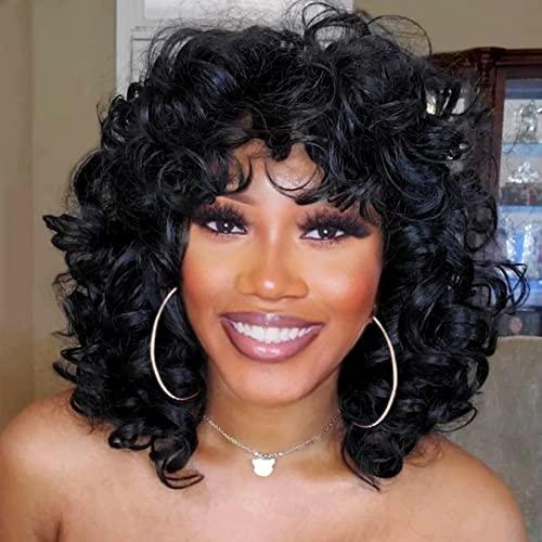 Nuxovin Lightweight Breathable Black Short Curly Wigs Human Hair with Bangs Heat Resistant Glueless for Natural Look Daily Use (14 Inch,Black)