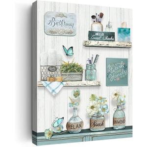 Farmhouse Bathroom Decor Wall Art Rustic Flower and Butterfly Bathroom Pictures Canvas Print Teal Country Bathroom Wall Decor Soak Relax Unwind Bathroom Wall Art Framed Ready To Hang 16''x24''
