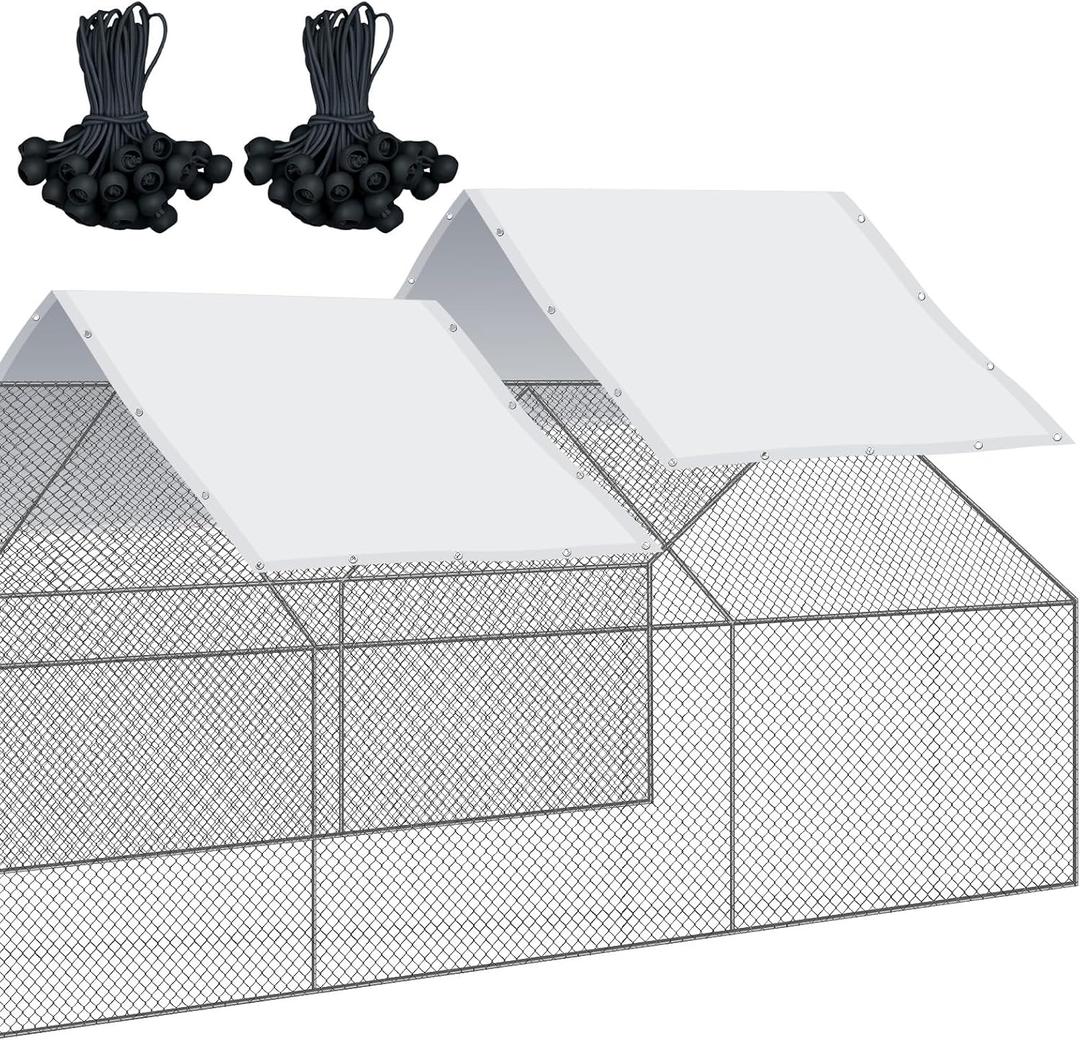 VitalCozy 2 Pcs Chicken Coop Cover Waterproof 14.5 x 6.6 ft Chicken Run Cover Coop Tarp Accessories for Winter with 50 Pcs Ball Bungees Cords for Outdoor (White)