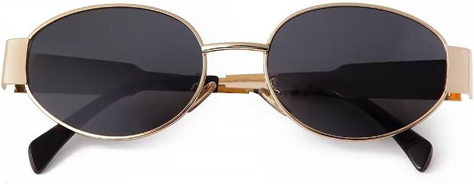 Retro Oval Sunglasses for Women Men Trendy Small Sun Glasses Classic Metal Frame Shades UV400 Protection (Gold Gray)