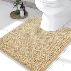 Smiry Luxury Chenille Toilet Rugs U-Shaped 24x20, Soft Absorbent Non-Slip Contour Bathroom Rugs for Toilet, Machine Washable Contoured Bath Mats, Beige