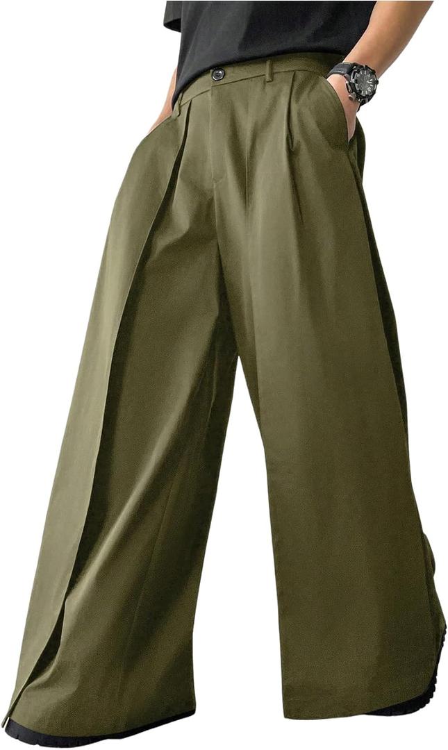 OYOANGLE Men's Baggy Dress Pants Wide Leg Pleated Loose Work Trousers (Green, L)