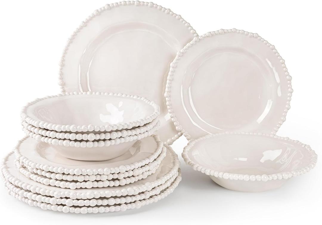 AELS Beaded Melamine Dinnerware Set of 12 Pcs Dinner Dishes Set for Indoor and Outdoor Use, Dishwasher Safe, Lightweight Unbreakable, BPA Free, Glossy Cream