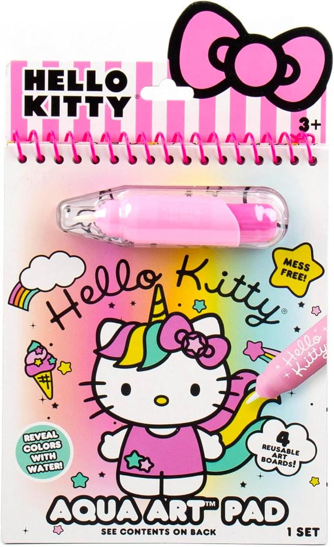 Hello Kitty Aqua Art Pad, 4 Art Pages, On The Go Reusable Water-Reveal Activity Pad, Mess Free Arts and Crafts, Paint with Water Brush Set, Kids Toys, Sanrio Stuff, Hello Kitty Craft Kits for Kids 3+