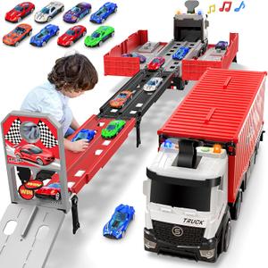 Carrier Truck Race Track Kids Toys, Foldable 3 Layer Toddler Track Playset, Toy Truck Transport Car Carrier & 8 Race Cars, Truck Car Toddlers Toys Xmas Gifts for Age 3 4 5 6+ Years Old Boys Girls (Red)