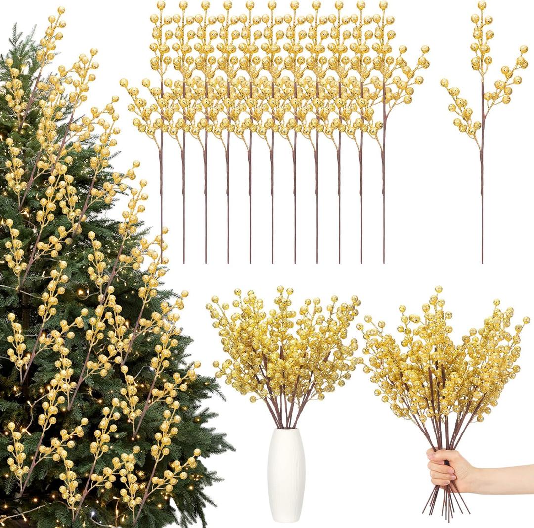 Norme 12 Pcs Glitter Gold Christmas Tree Decoration 16 Inch Gold Christmas Tree Picks Floral Ornaments DIY Artificial Glittery Berry Stems Twigs Branches for Xmas Holiday Wedding Party Decoration